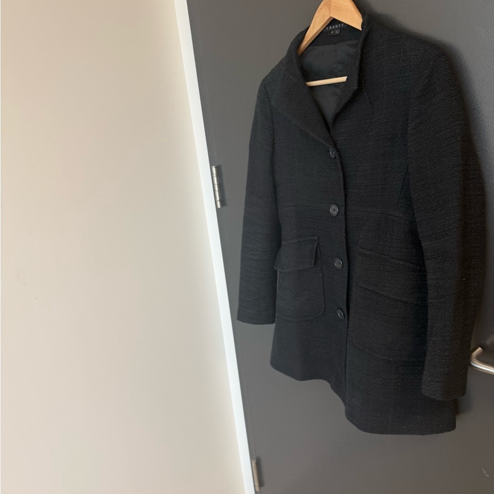 Theory S “Gessa tweed” GUC wool/cotton Black Textured Blazer w/ metallic thread - Picture 3 of 11